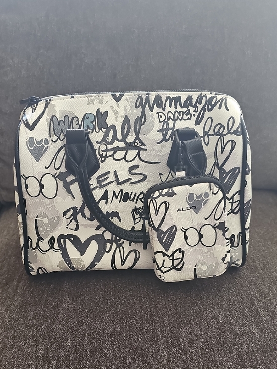Aldo Handbags - Aldo White and Black Graffiti Print Satchel with Coin Pouch